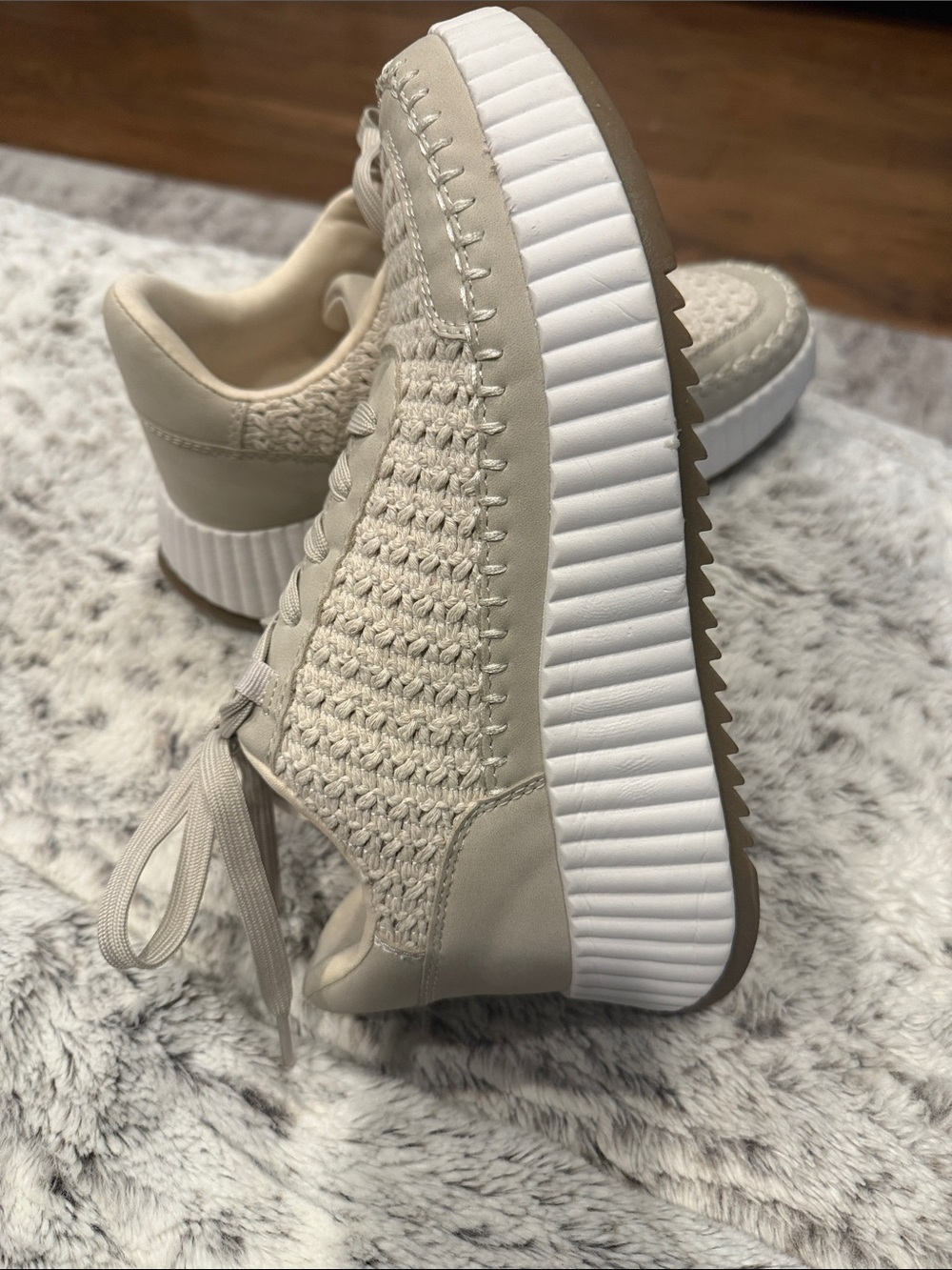 Woven Platform Lace-Up Sneakers in Beige